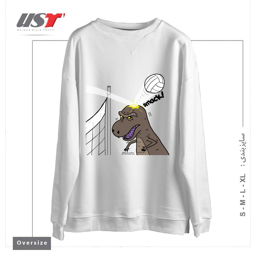طرح WHY T-REXES DO NOT LIKE VOLLEYBALL سوییشرت اورسایزرنگ سفید