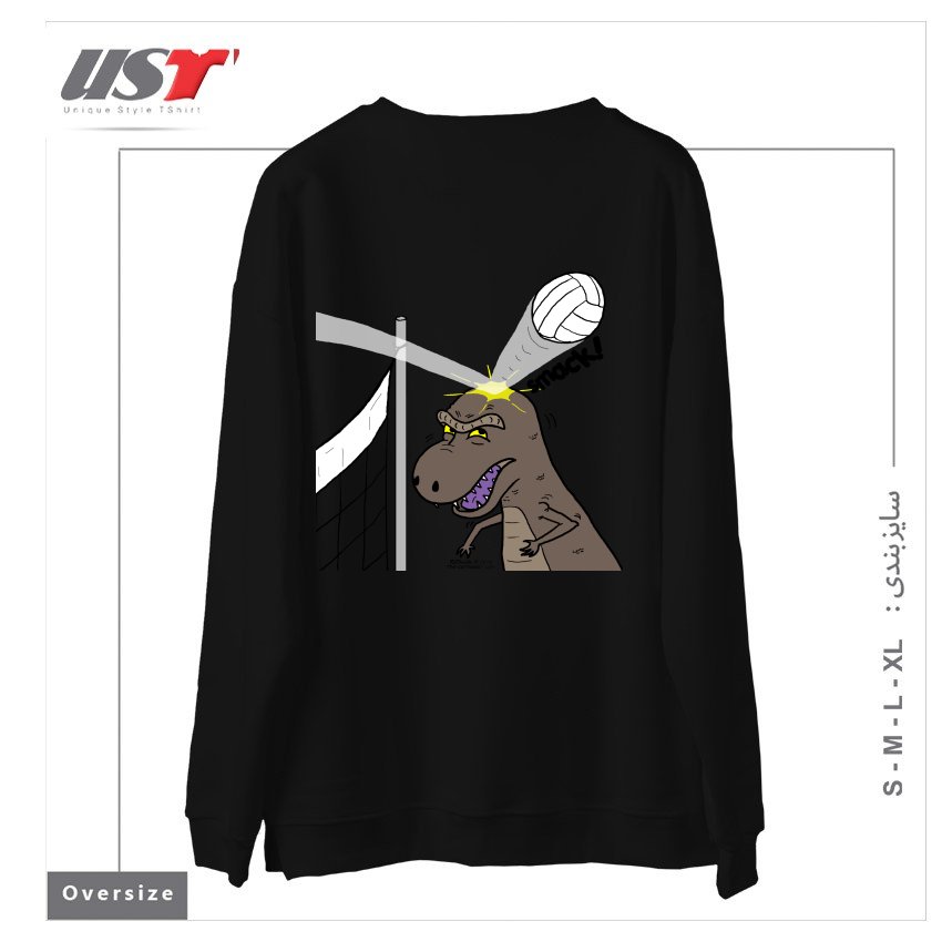 طرح WHY T-REXES DO NOT LIKE VOLLEYBALL سوییشرت اورسایزرنگ مشکی