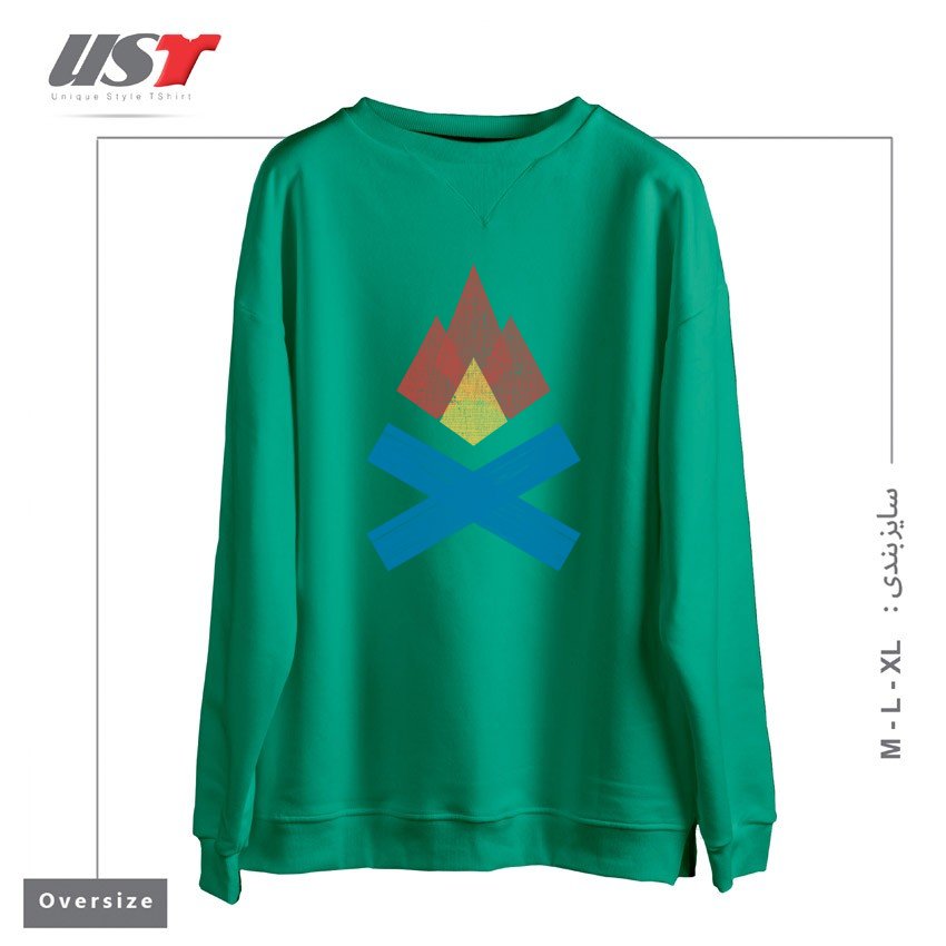 طرح BUILD FIRES. TELL STORIES. سوییشرت اورسایزرنگ سبز سدری