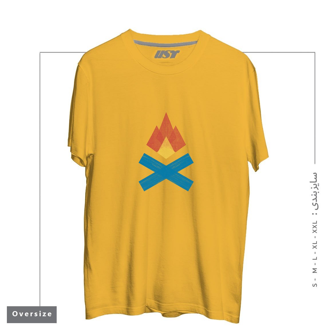 طرح BUILD FIRES. TELL STORIES. تیشرت اورسایزرنگ خردلی