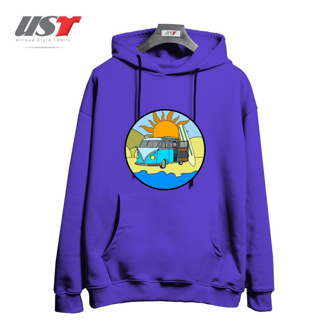 طرح CAMPING ON THE BEACH هودی اورسایزرنگ بنفش