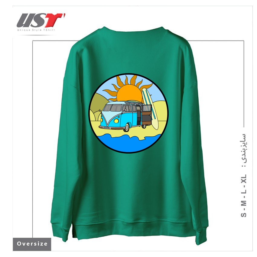 طرح CAMPING ON THE BEACH سوییشرت اورسایزرنگ سبز سدری