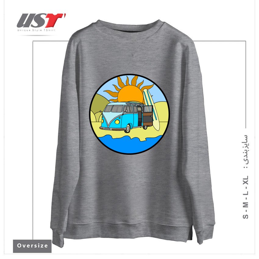 طرح CAMPING ON THE BEACH سوییشرت اورسایزرنگ طوسی ملانژ