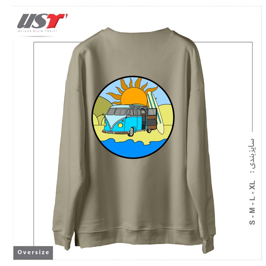 طرح CAMPING ON THE BEACH سوییشرت اورسایزرنگ نخودی