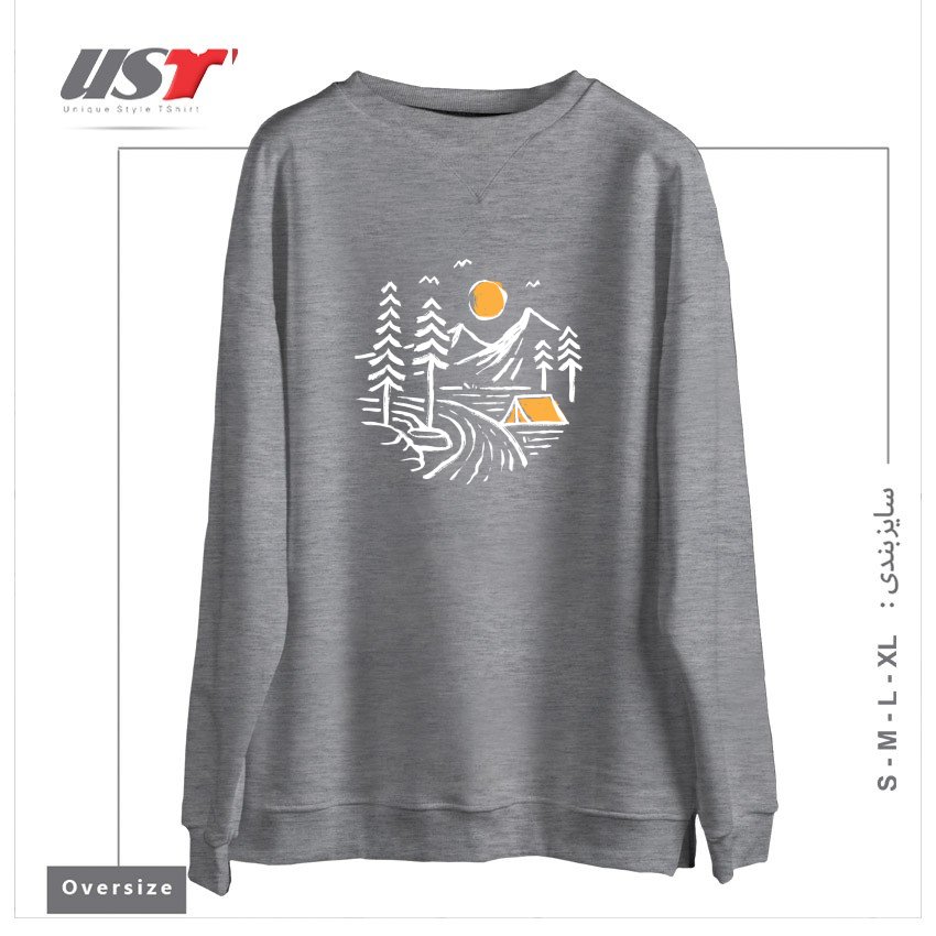 طرح CAMPING سوییشرت اورسایزرنگ طوسی ملانژ