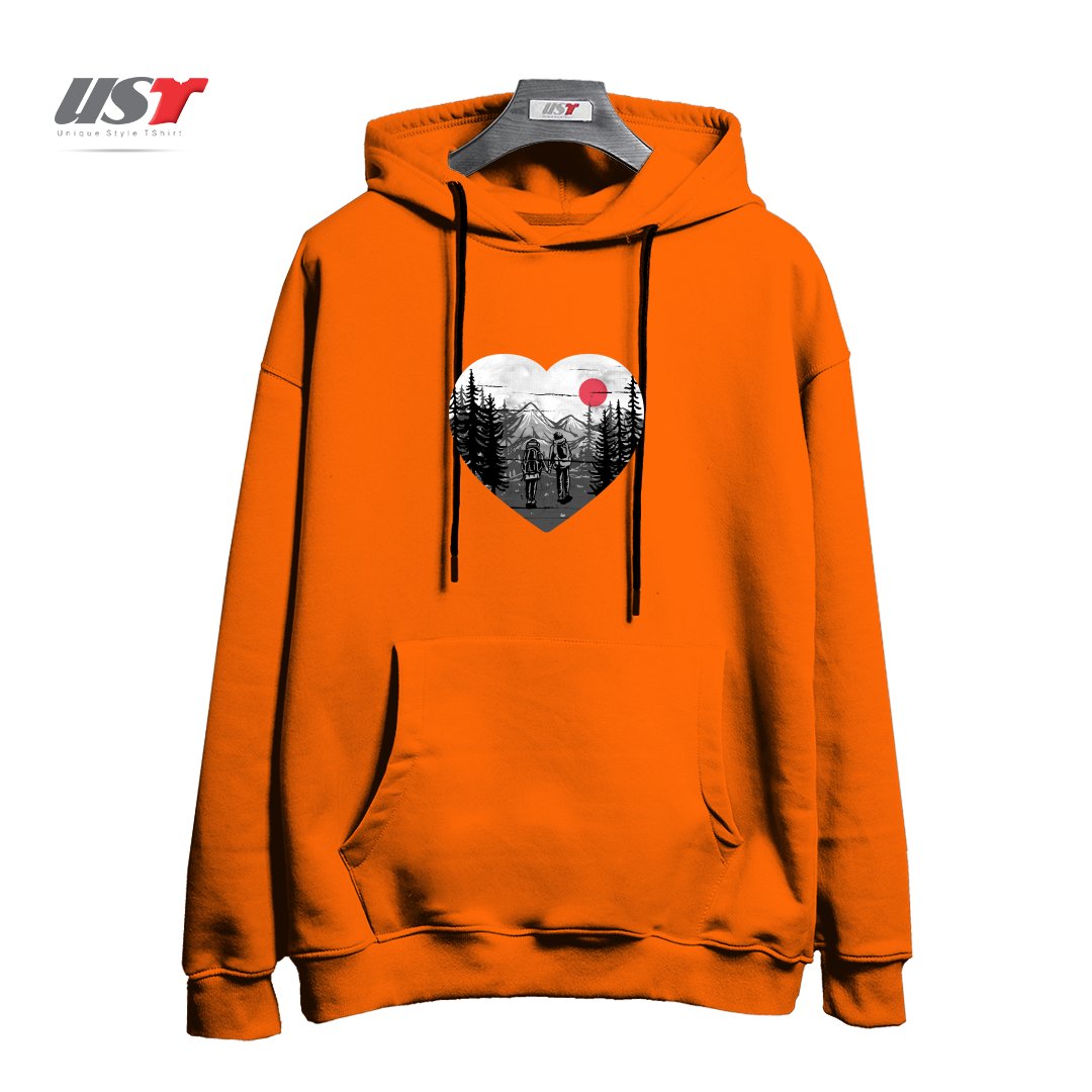 طرح HIKE AND LOVE هودی اورسایزرنگ نارنجی