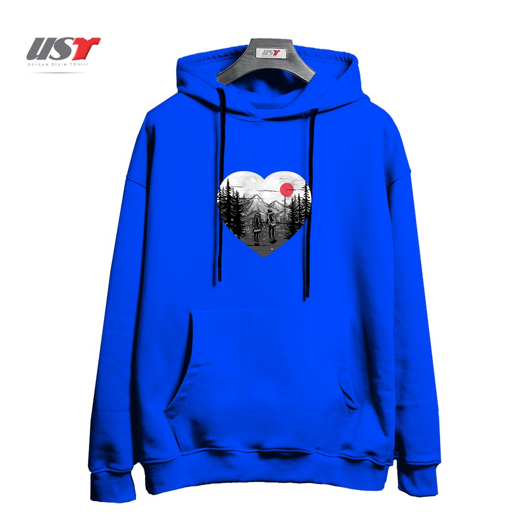 طرح HIKE AND LOVE هودی اورسایزرنگ آبی شالی