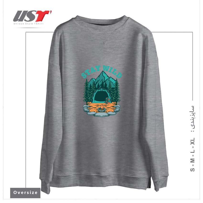 طرح STAY WILD سوییشرت اورسایزرنگ طوسی ملانژ