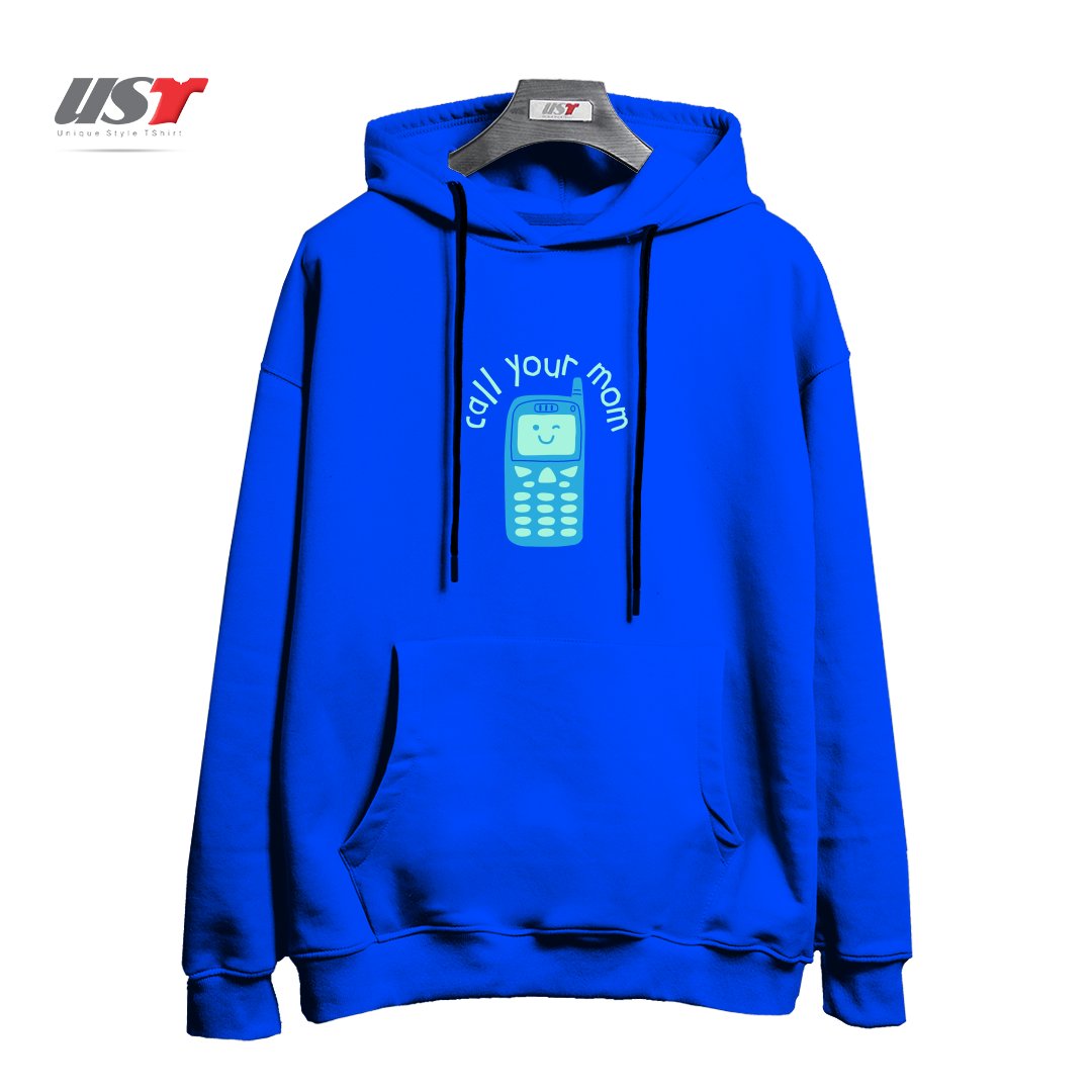 طرح CALL YOUR MOM هودی اورسایزرنگ آبی شالی