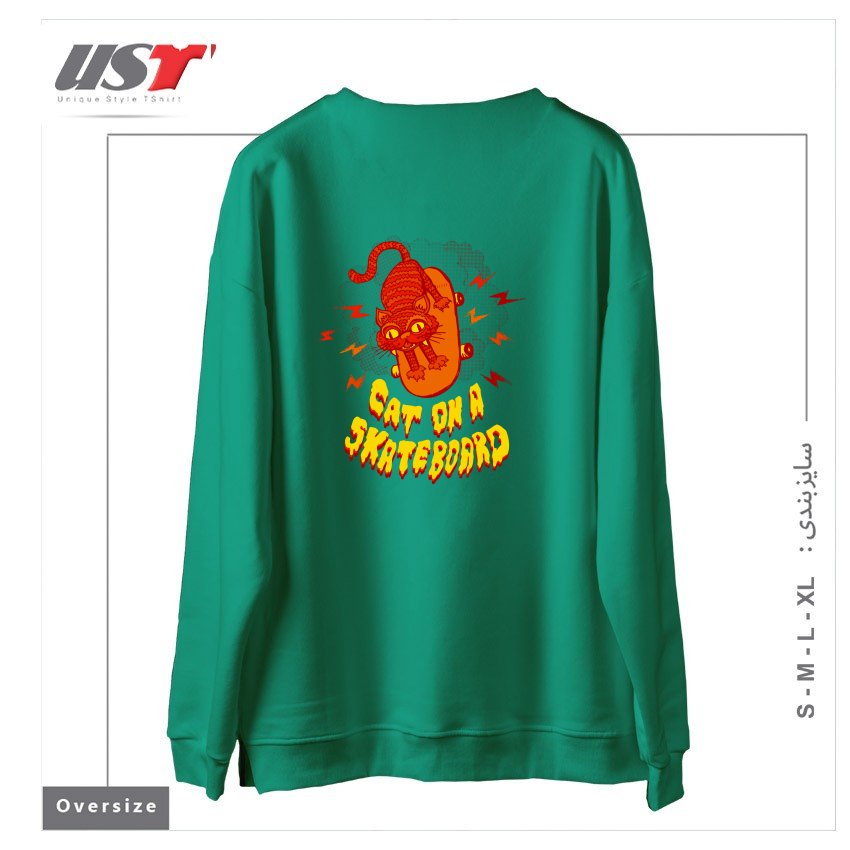 طرح CATONASKATEBOARD سوییشرت اورسایزرنگ سبز سدری