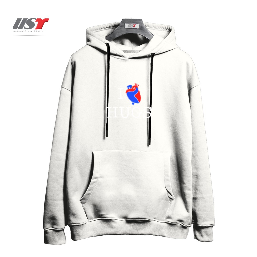 طرح I LOVE HUGS هودی اورسایزرنگ سفید