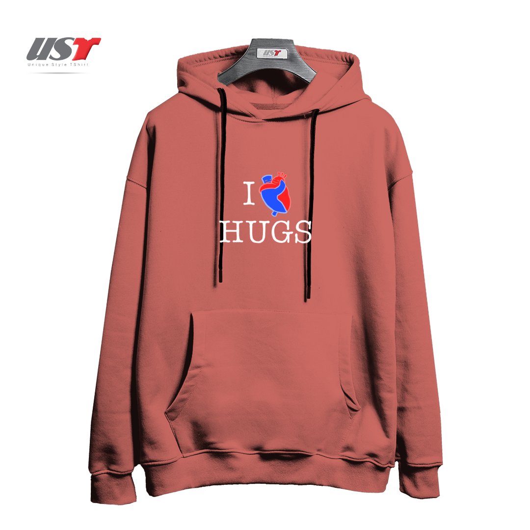 طرح I LOVE HUGS هودی اورسایزرنگ آجری