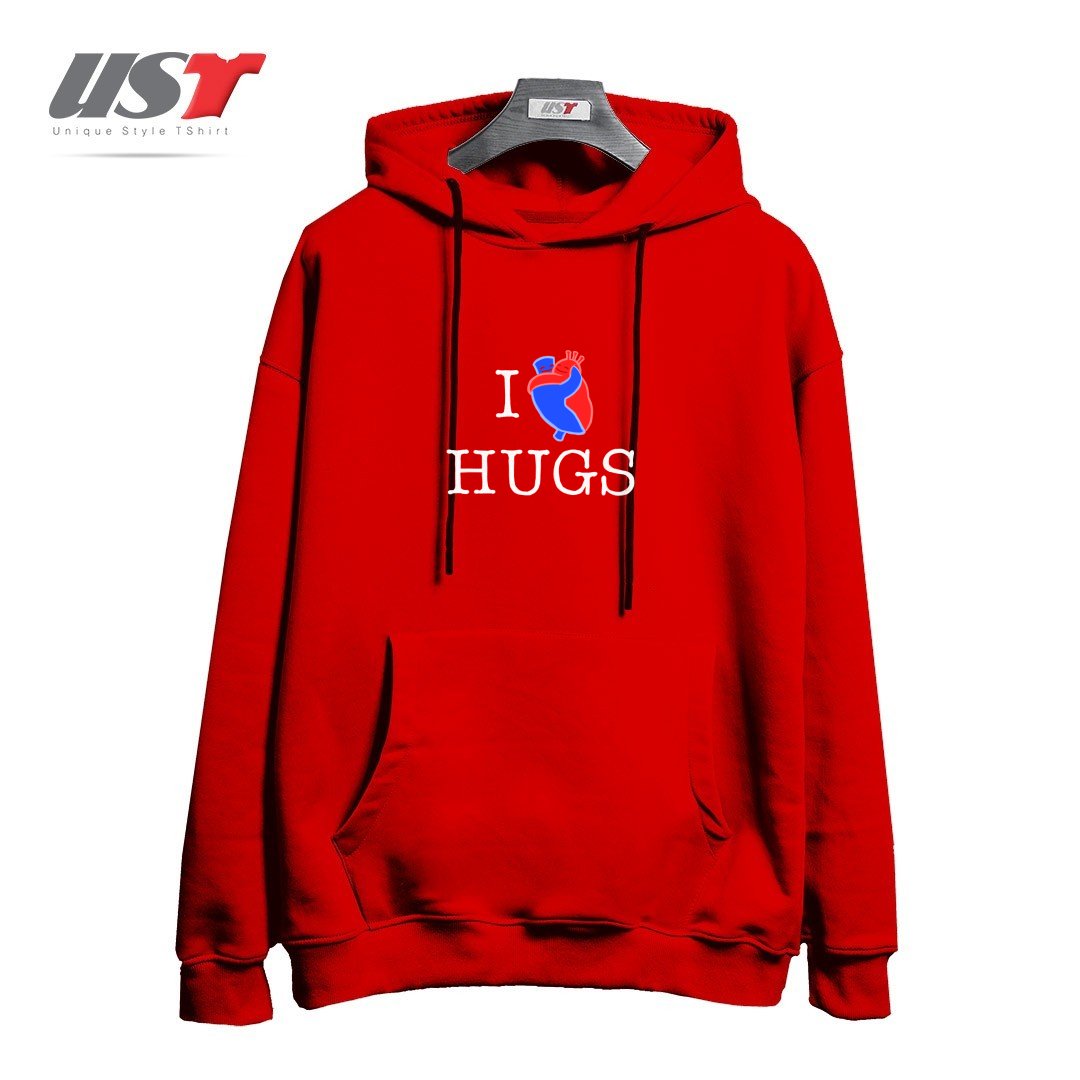 طرح I LOVE HUGS هودی اورسایزرنگ قرمز