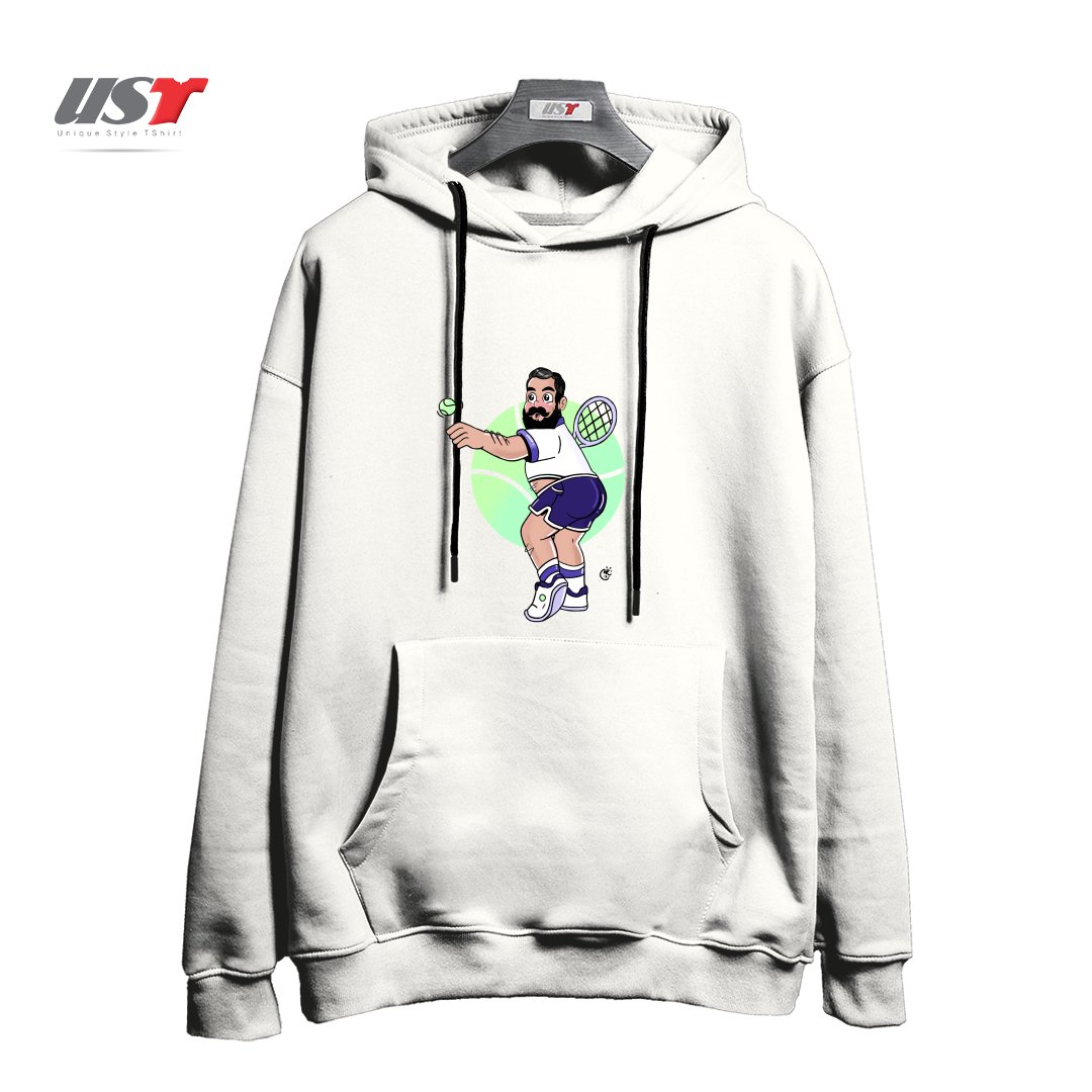 طرح RACQUET MAN هودی اورسایزرنگ سفید