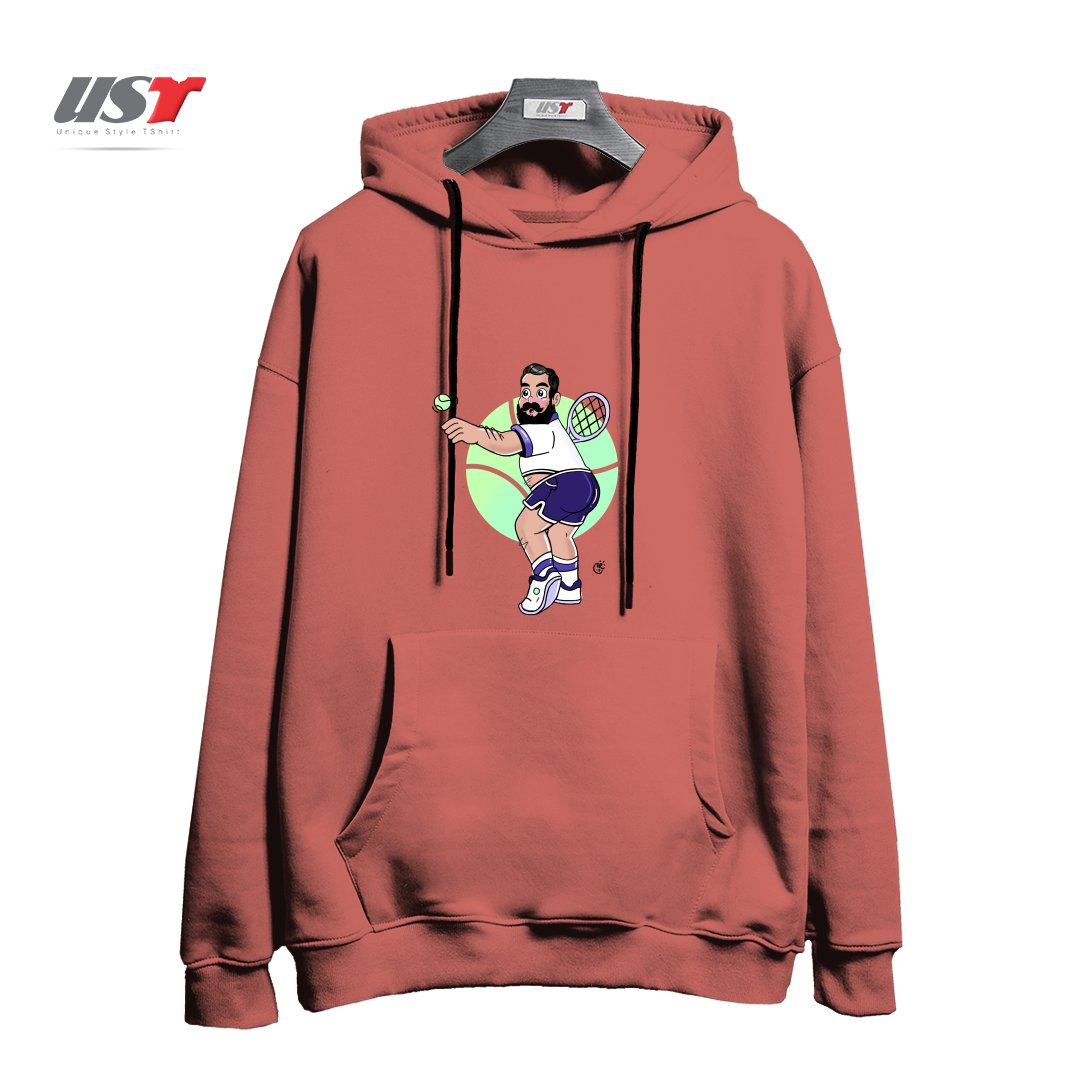 طرح RACQUET MAN هودی اورسایزرنگ آجری