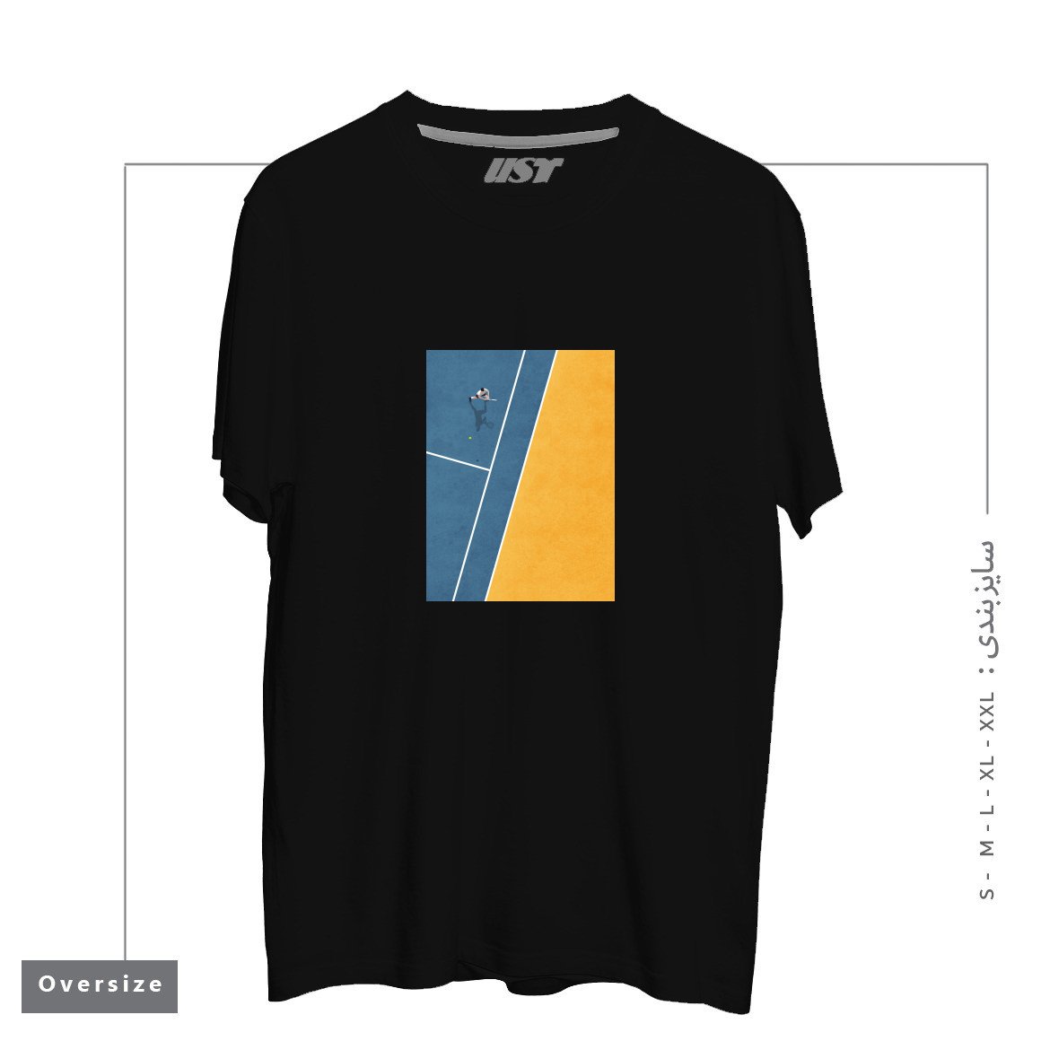طرح TENNIS PLAYER تیشرت اورسایزرنگ مشکی