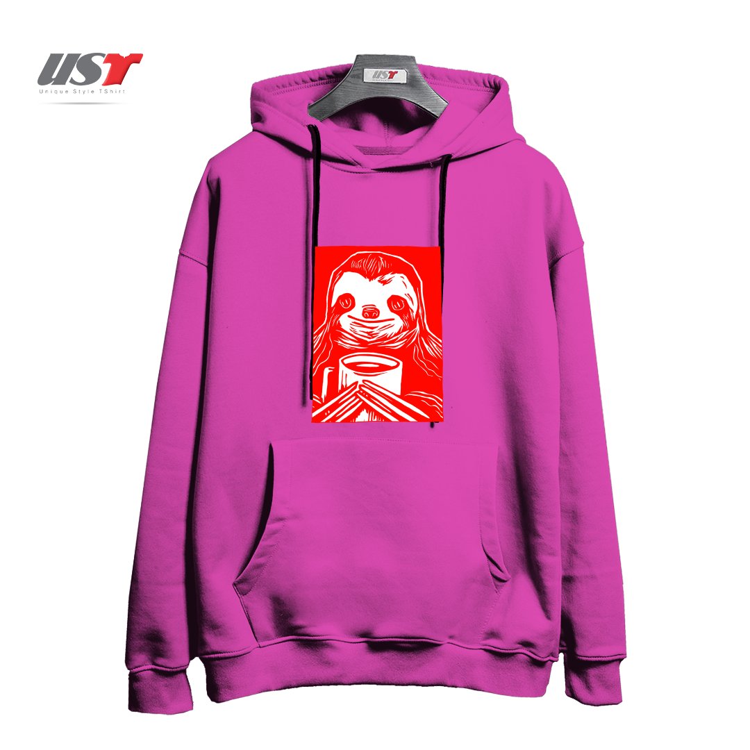 طرح COFFEE SLOTH هودی اورسایزرنگ صورتی