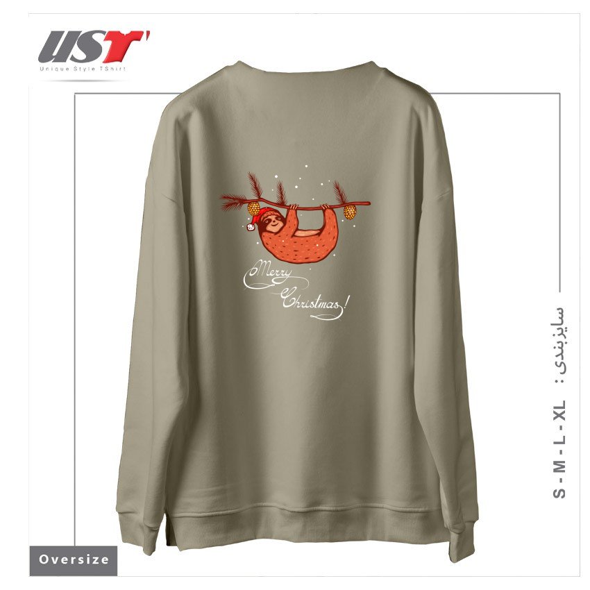 طرح HANGING SLOTH. MERRY CHRISTMAS! سوییشرت اورسایزرنگ نخودی