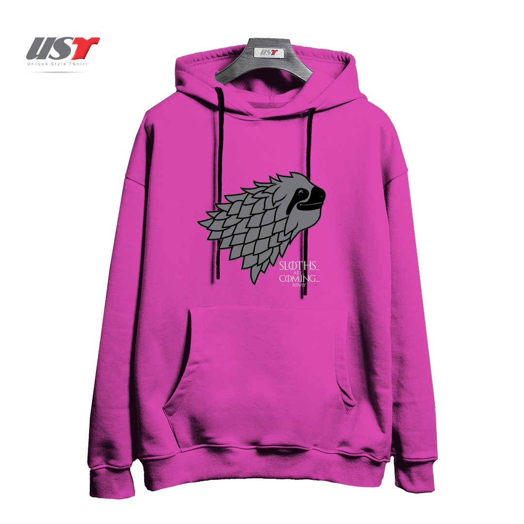 طرح SLOTHS ARE COMING! هودی اورسایزرنگ صورتی