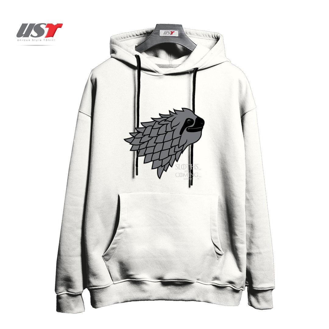 طرح SLOTHS ARE COMING! هودی اورسایزرنگ سفید