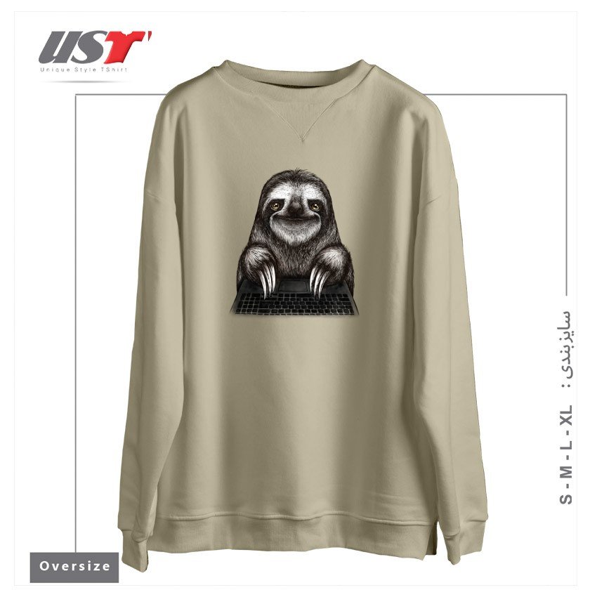 طرح SMILING SLOTH WITH LAPTOP سوییشرت اورسایزرنگ نخودی