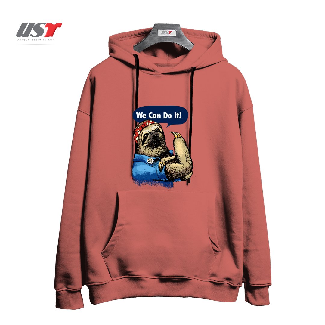 طرح WE CAN DO IT SLOTH هودی اورسایزرنگ آجری