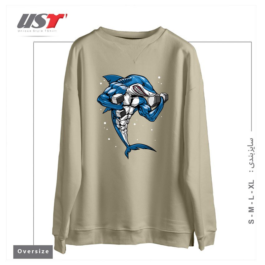 طرح FITNESS SHARK سوییشرت اورسایزرنگ نخودی