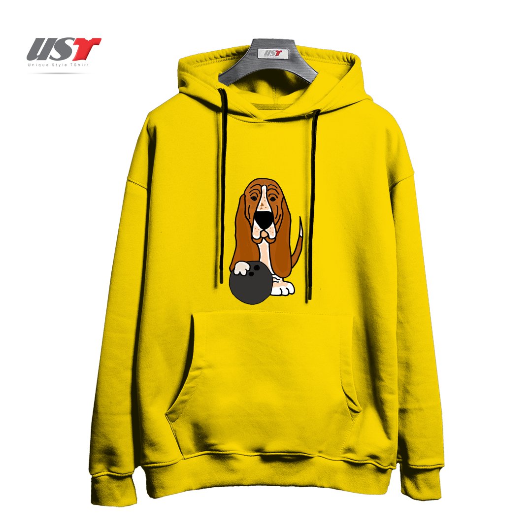 طرح FUNNY BASSET HOUND DOG BOWLING CARTOON هودی اورسایزرنگ زرد