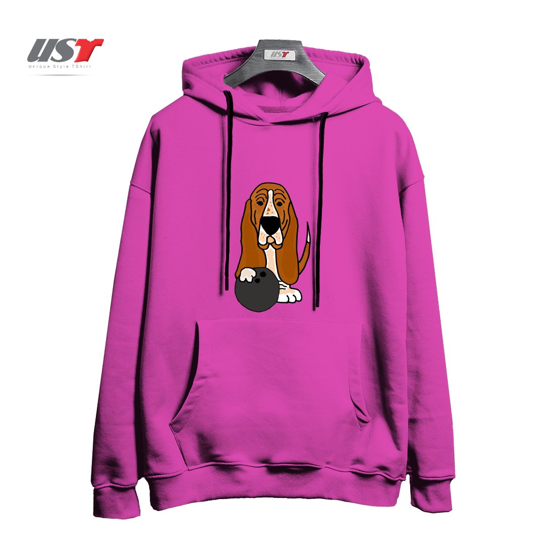 طرح FUNNY BASSET HOUND DOG BOWLING CARTOON هودی اورسایزرنگ صورتی