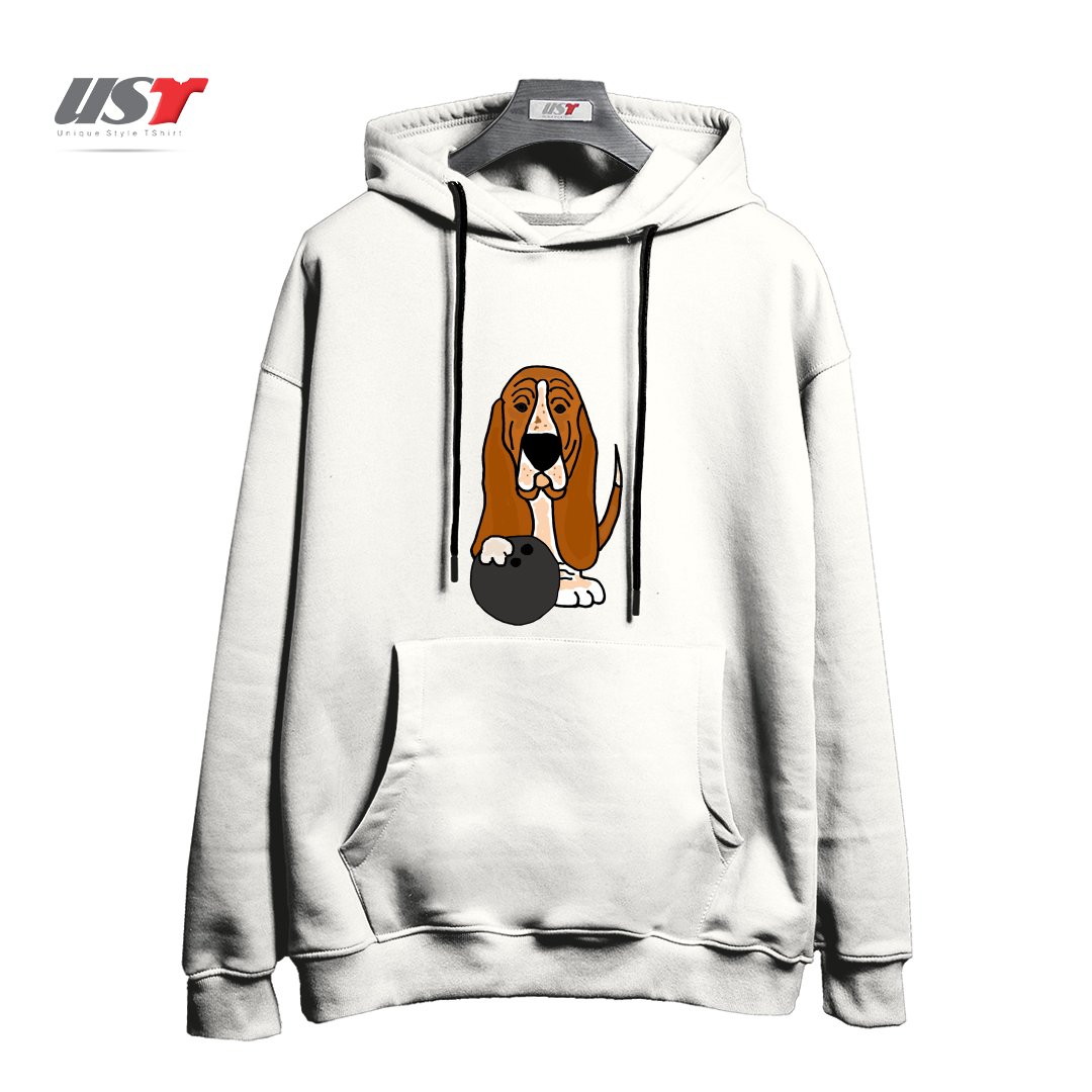طرح FUNNY BASSET HOUND DOG BOWLING CARTOON هودی اورسایزرنگ سفید