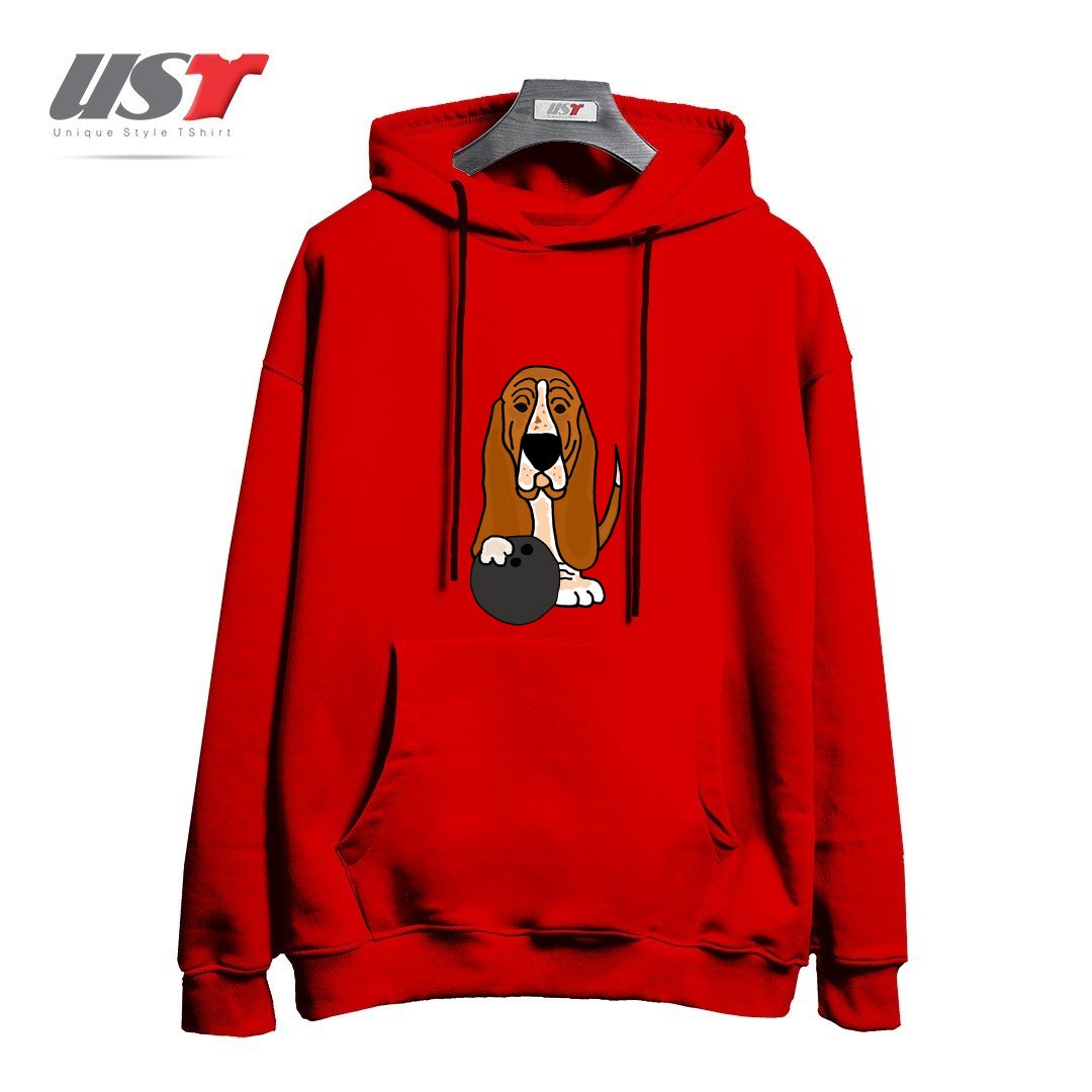 طرح FUNNY BASSET HOUND DOG BOWLING CARTOON هودی اورسایزرنگ قرمز