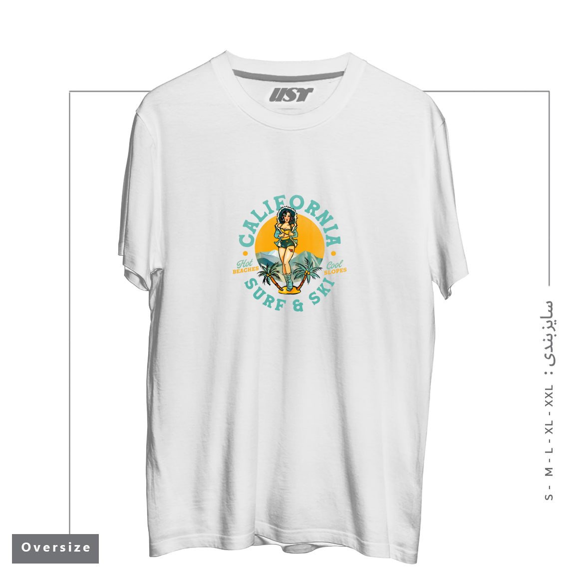 تیشرت اورسایز طرح CALIFORNIA SURF & SKI HOT BEACHES, COOL SLOPES