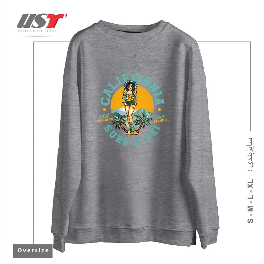 طرح CALIFORNIA SURF & SKI HOT BEACHES, COOL SLOPES سوییشرت اورسایزرنگ طوسی ملانژ