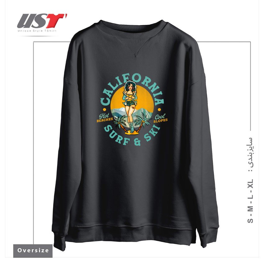 طرح CALIFORNIA SURF & SKI HOT BEACHES, COOL SLOPES سوییشرت اورسایزرنگ دودی