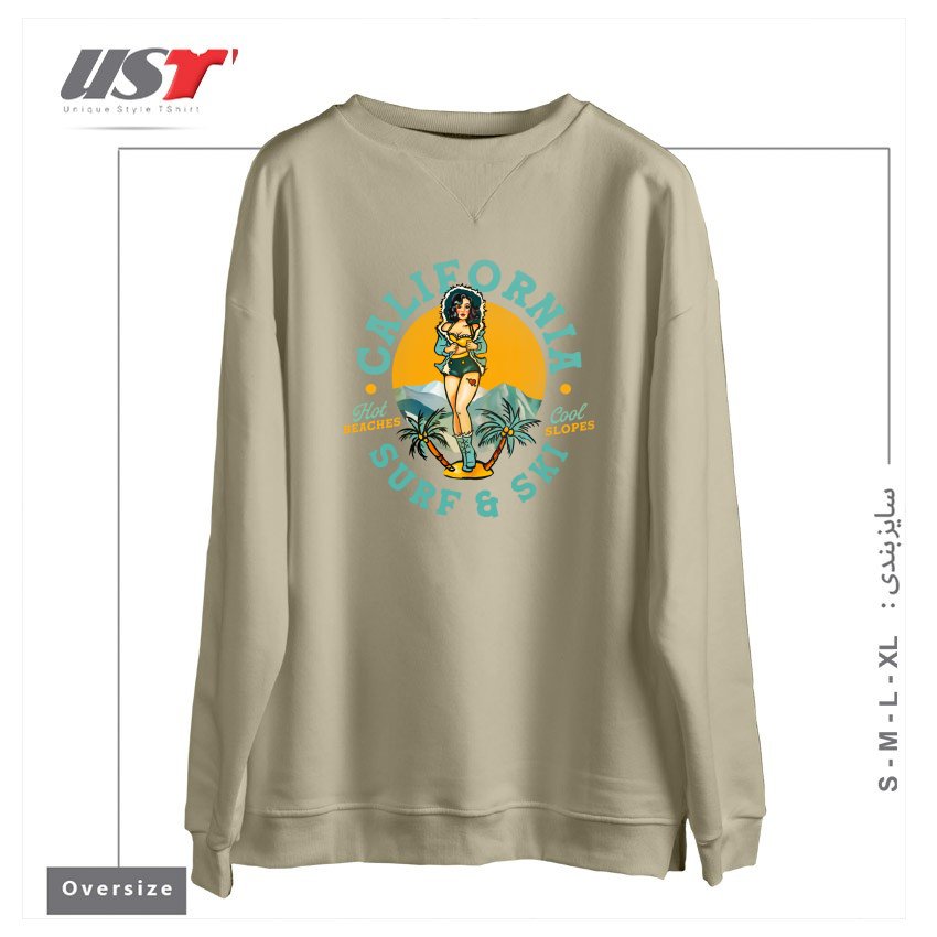 طرح CALIFORNIA SURF & SKI HOT BEACHES, COOL SLOPES سوییشرت اورسایزرنگ نخودی