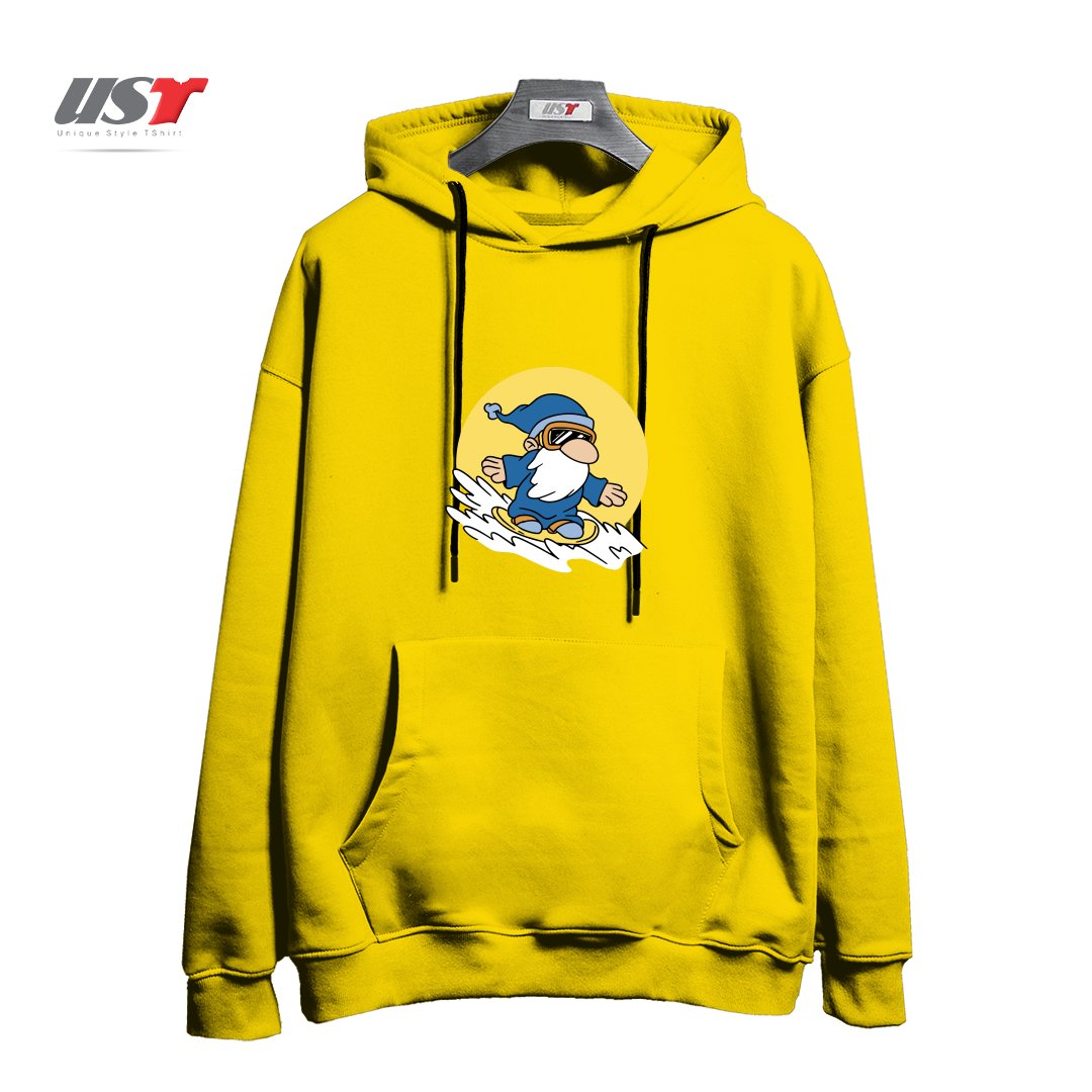 طرح GNOME ON SNOWBOARD هودی اورسایزرنگ زرد