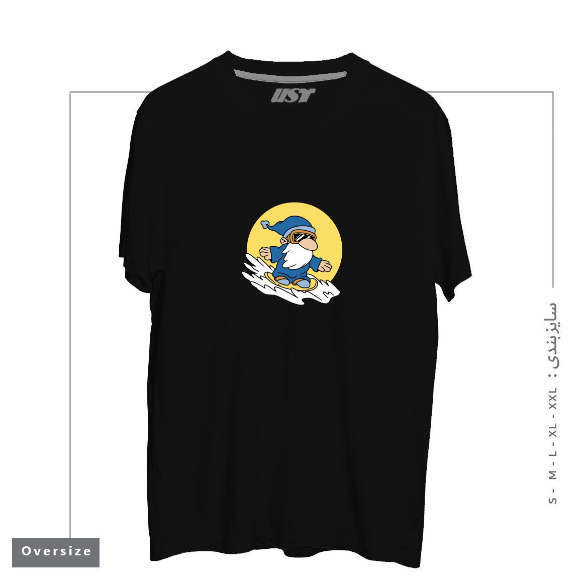 طرح GNOME ON SNOWBOARD تیشرت اورسایزرنگ مشکی