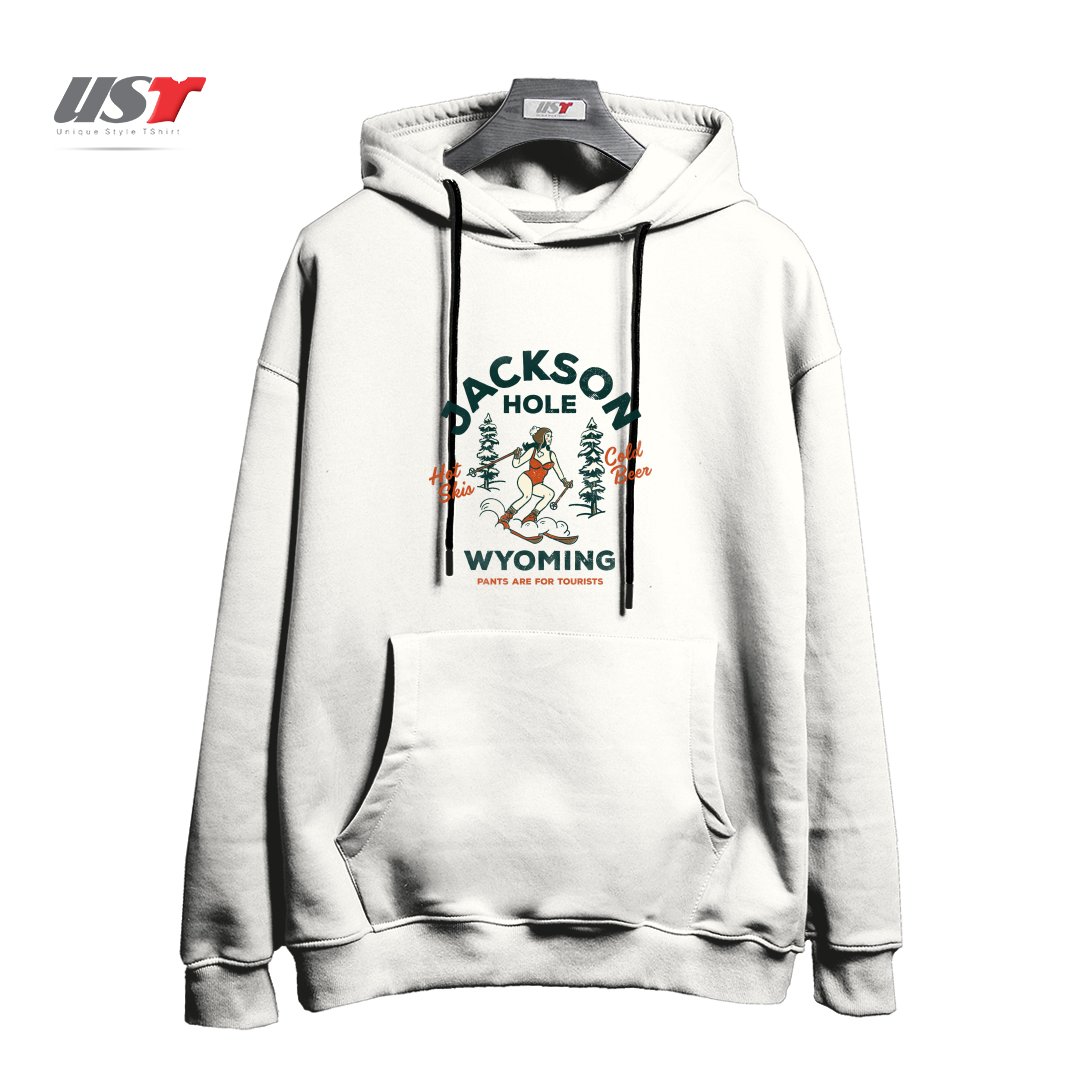 طرح JACKSON HOLE WYOMING PANTS ARE FOR TOURISTS FUNNY RETRO SKIING DESIGN هودی اورسایزرنگ سفید