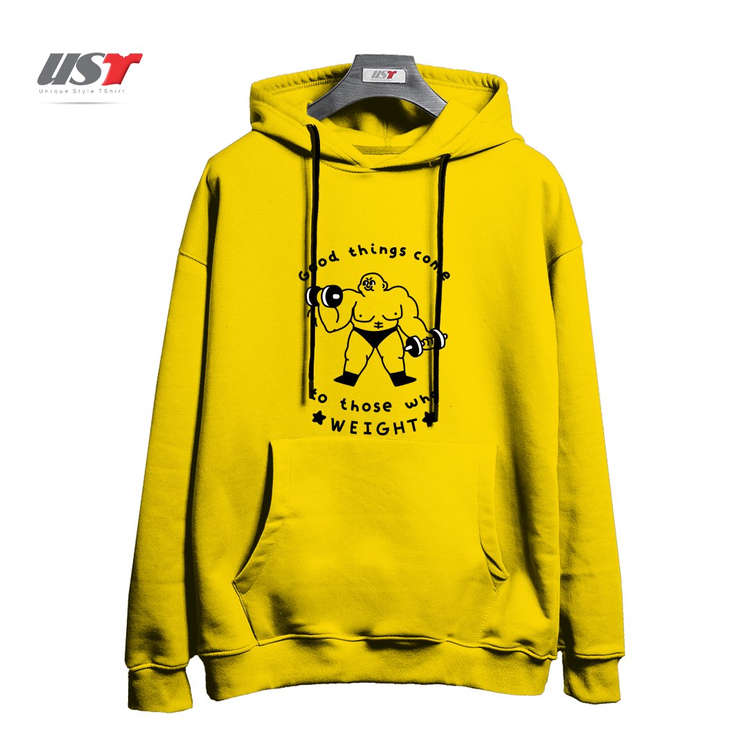 طرح GOOD THINGS COME TO THOSE WHO WEIGHT هودی اورسایزرنگ زرد