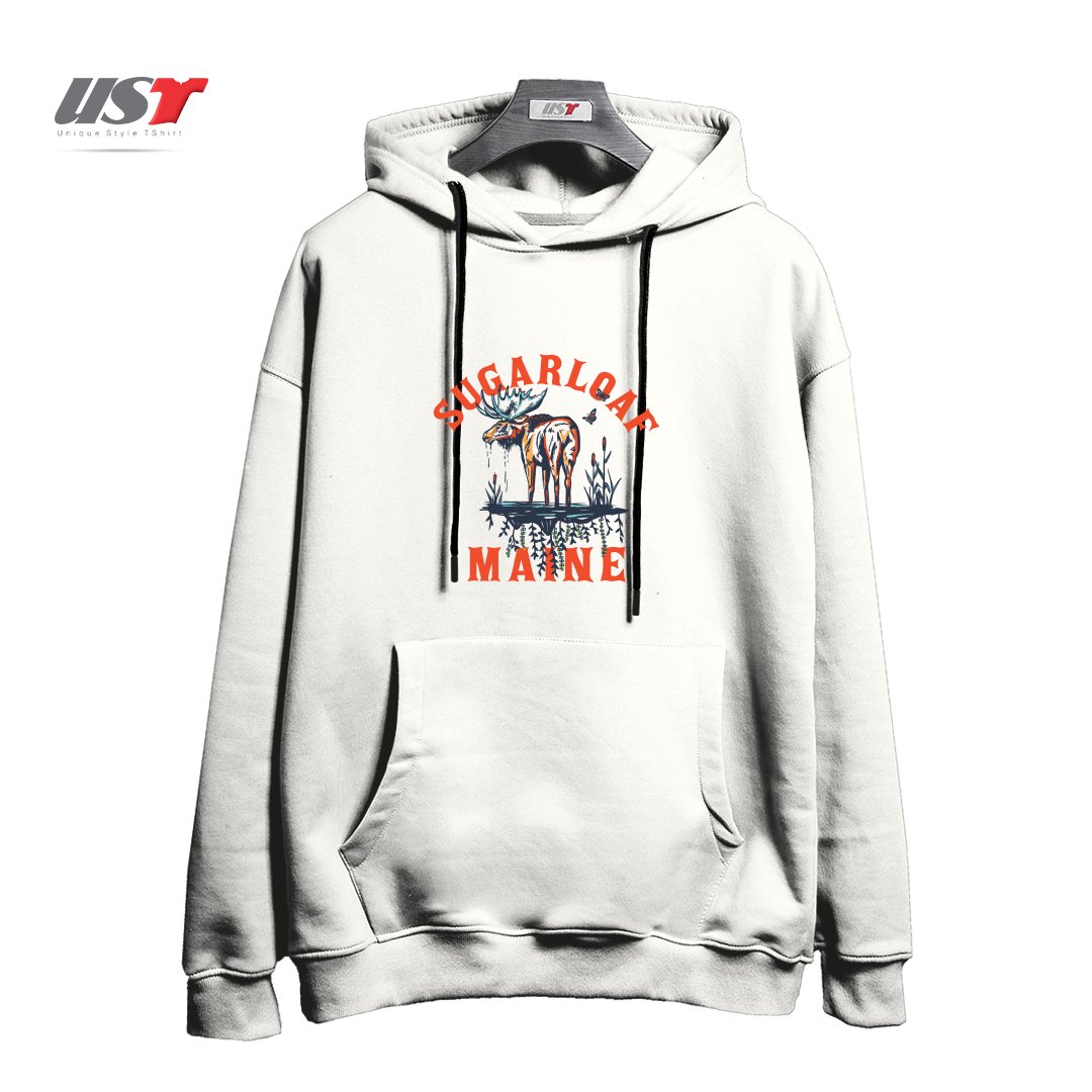 طرح SUGARLOAF, MAINE. COOL RETRO SKI RESORT SHIRT ART FEATURING A MOOSE هودی اورسایزرنگ سفید