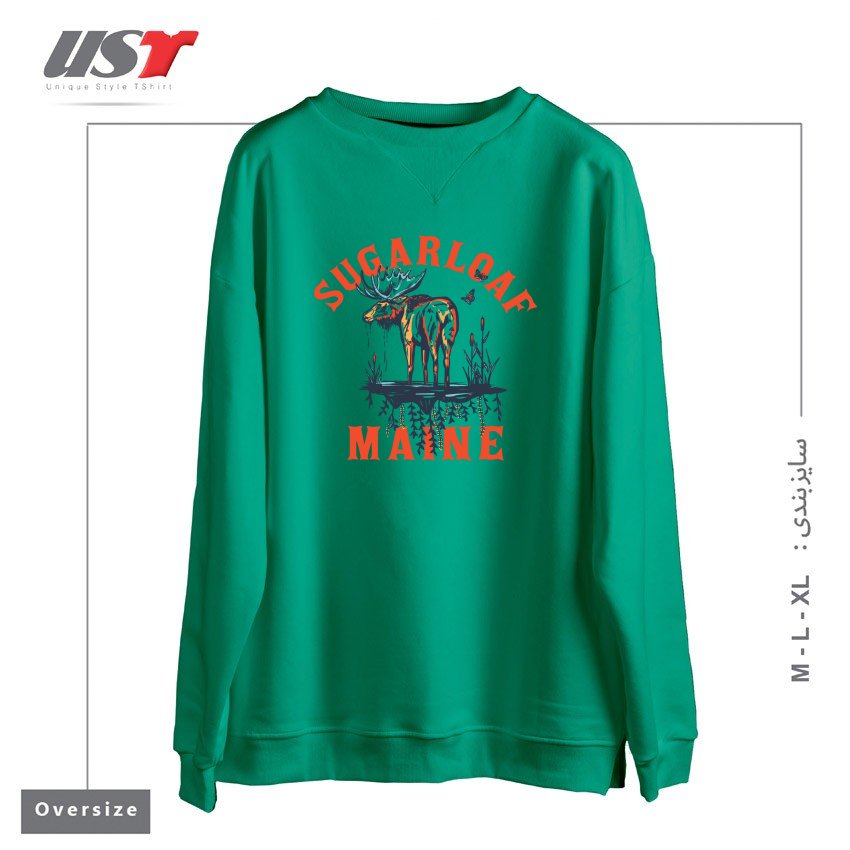 طرح SUGARLOAF, MAINE. COOL RETRO SKI RESORT SHIRT ART FEATURING A MOOSE سوییشرت اورسایزرنگ سبز سدری