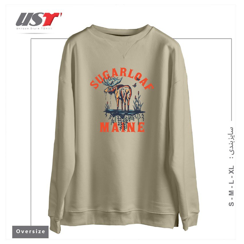 طرح SUGARLOAF, MAINE. COOL RETRO SKI RESORT SHIRT ART FEATURING A MOOSE سوییشرت اورسایزرنگ نخودی