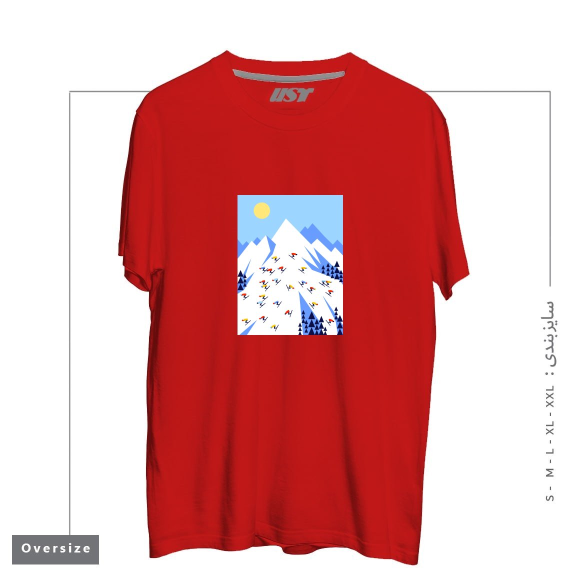 طرح THE MOUNTAINS. PERFECT DAY! تیشرت اورسایزرنگ قرمز