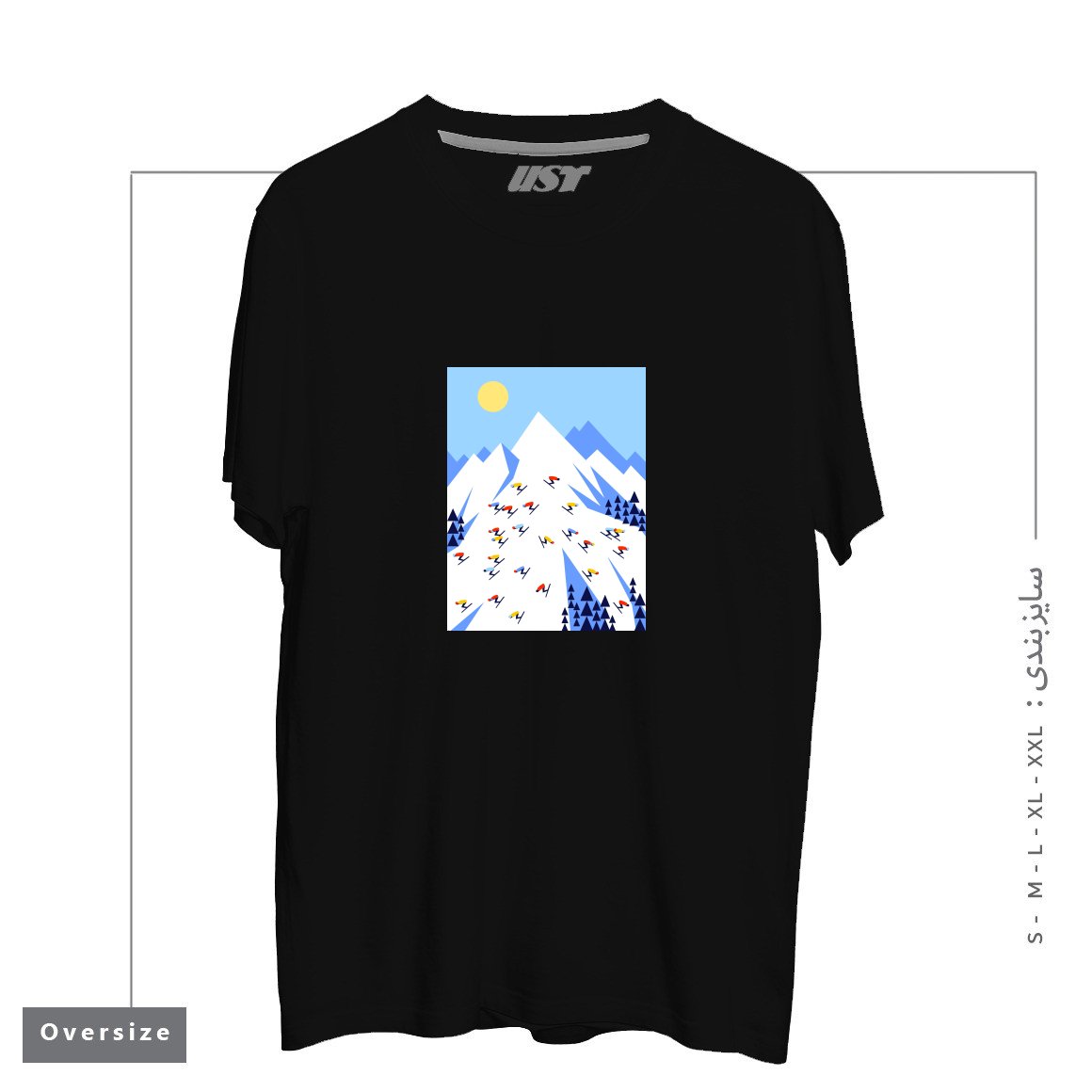 طرح THE MOUNTAINS. PERFECT DAY! تیشرت اورسایزرنگ مشکی