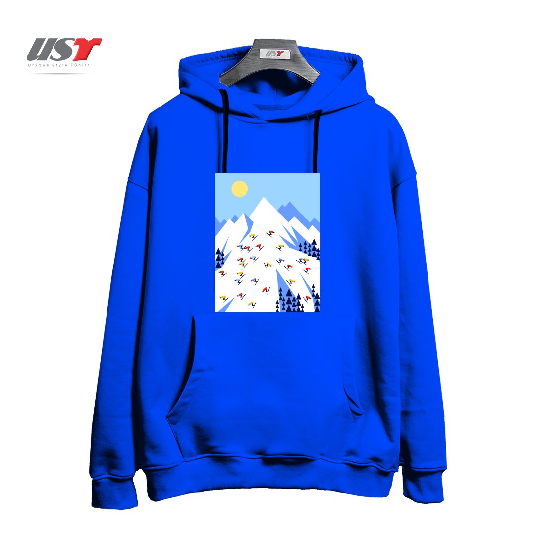 طرح THE MOUNTAINS. PERFECT DAY! هودی اورسایزرنگ آبی شالی