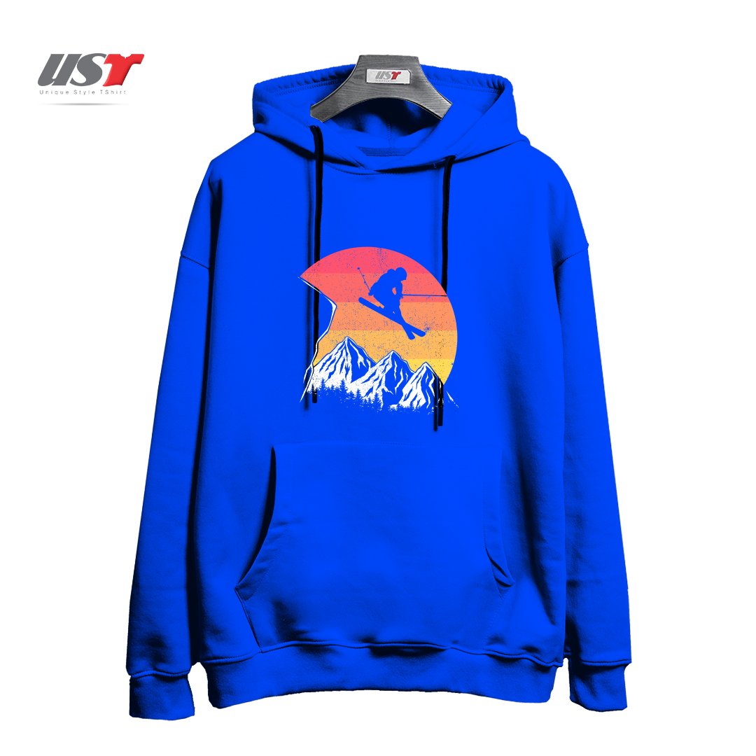 طرح VINTAGE ALPINE SKIING هودی اورسایزرنگ آبی شالی