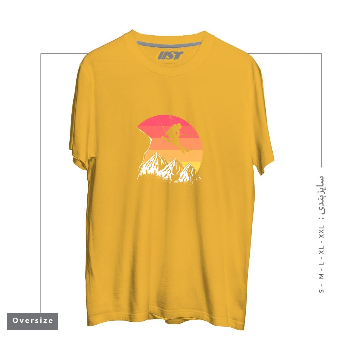 طرح VINTAGE ALPINE SKIING تیشرت اورسایزرنگ خردلی