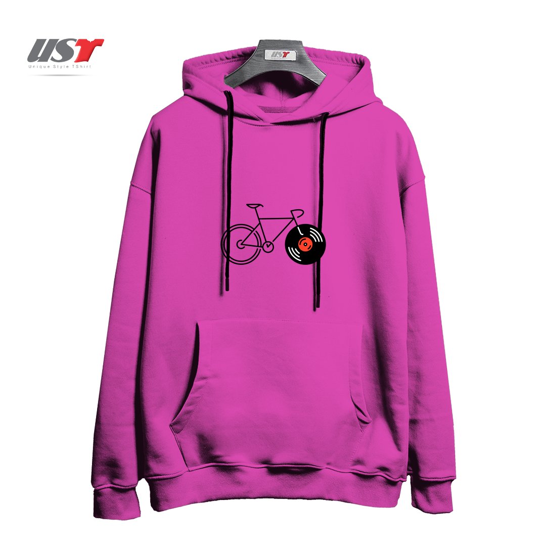 طرح BICYCLE VINYL RECORD هودی اورسایزرنگ صورتی