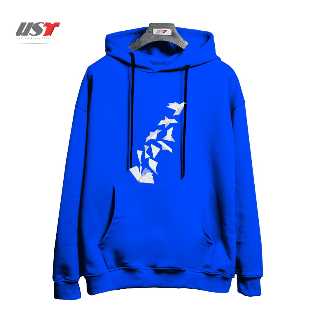 طرح BOOK TO BIRD هودی اورسایزرنگ آبی شالی