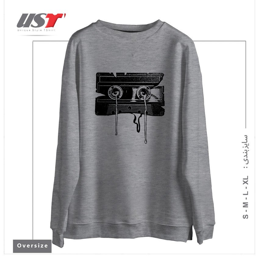 طرح CASSETTE MEMORIES سوییشرت اورسایزرنگ طوسی ملانژ